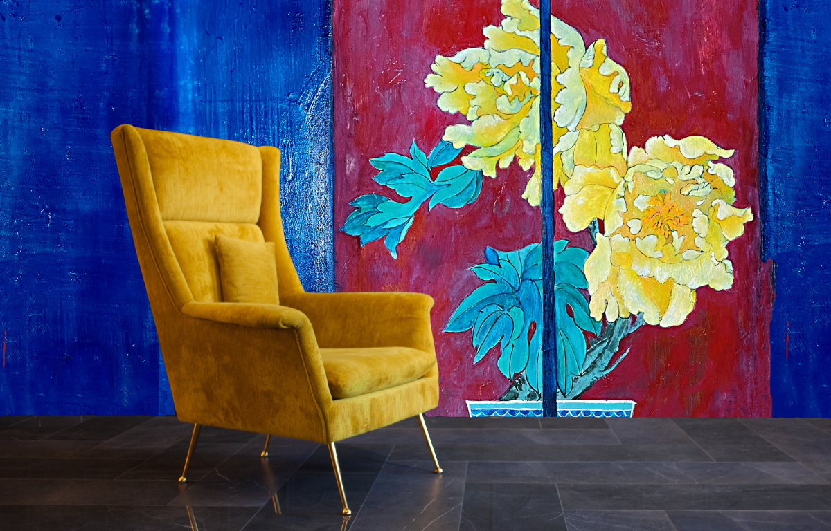 yellow and blue peony wallpaper