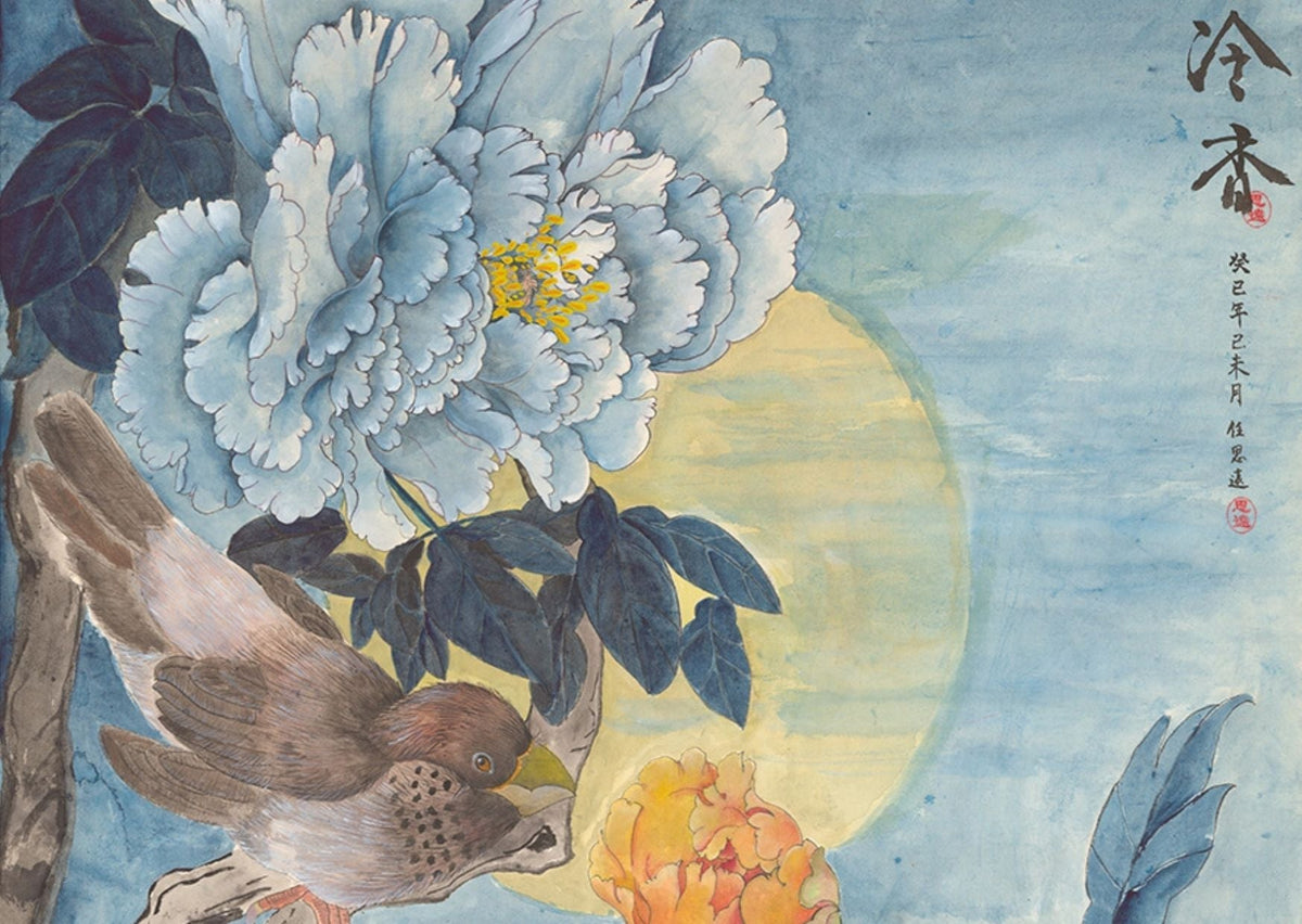 Peony flower, birds and the full moon painted by The Peony Girl
