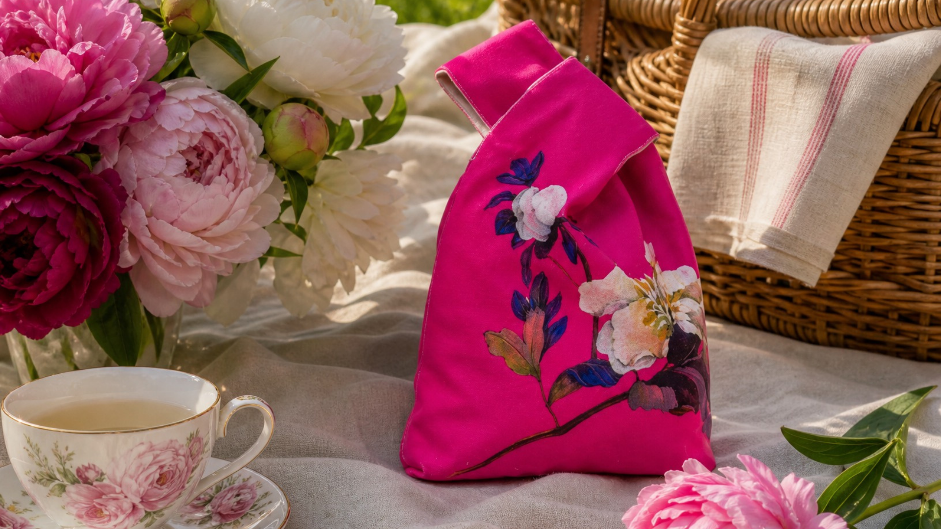 A light sage green fabric tote bag with red and pink floral prints hangs from a tree branch in a garden setting. The scene is styled with a straw hat, gardening shears, a book, and pink flowers against a textured stone wall.