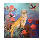 A square art print featuring a painted tiger seated among pink flowers, with two cranes in flight against a blue sky. The artwork is shown centered on a white background with a copyright line below reading 'Auspicious | Art by Siyan Ren | https://siyan.