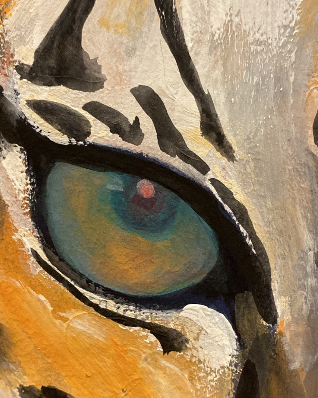 Close-up of an expressive painted eye with a blue-green iris, black eyelashes, and warm orange, beige, and white surrounding tones.