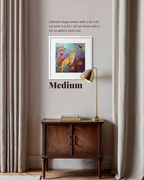 A framed art print featuring a colorful painting of a leopard and flowers, styled in a medium-sized gallery wall mockup above a wooden cabinet with a gold floor lamp. The image includes text detailing the print's dimensions (42x62 cm print in a 62x62 cm frame with a 10 cm mat) and the size label 'Medium'.