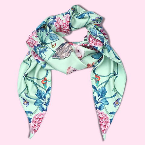 Triangle Silk Scarf - Bunnies and Peonies