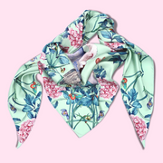 Triangle Silk Scarf - Bunnies and Peonies