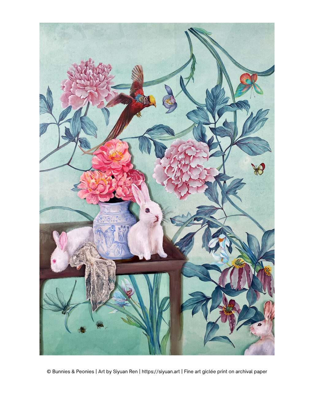 A fine art glassine print featuring a whimsical illustration by Siyuan Ren, showing white rabbits, pink peonies, a blue-and-white vase, and a small bird on a dark wooden table against a pale mint green background with floral vines.