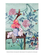 A fine art glassine print featuring a whimsical illustration by Siyuan Ren, showing white rabbits, pink peonies, a blue-and-white vase, and a small bird on a dark wooden table against a pale mint green background with floral vines.