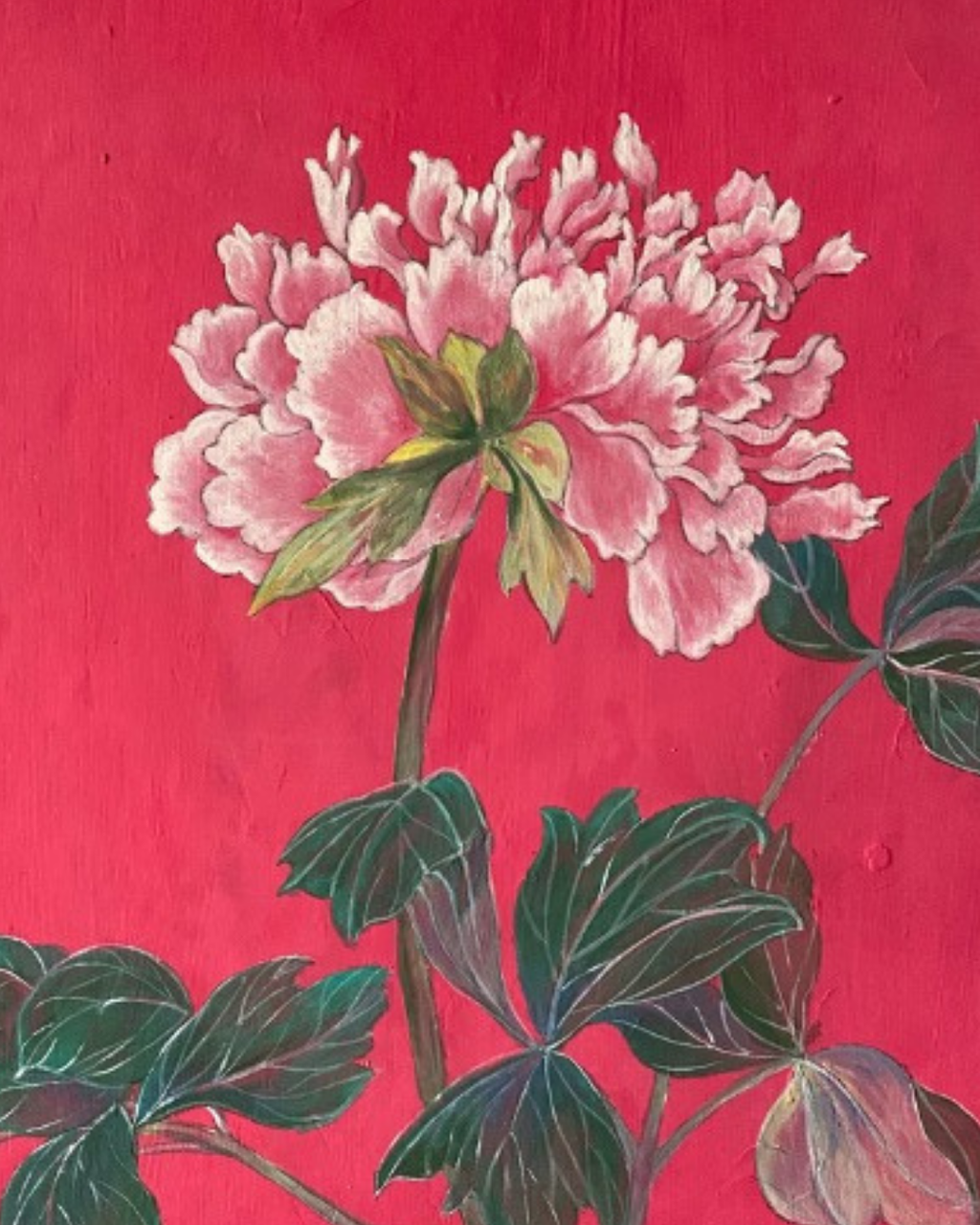 A painted floral artwork showing a large pink flower with green leaves against a vivid pink background.