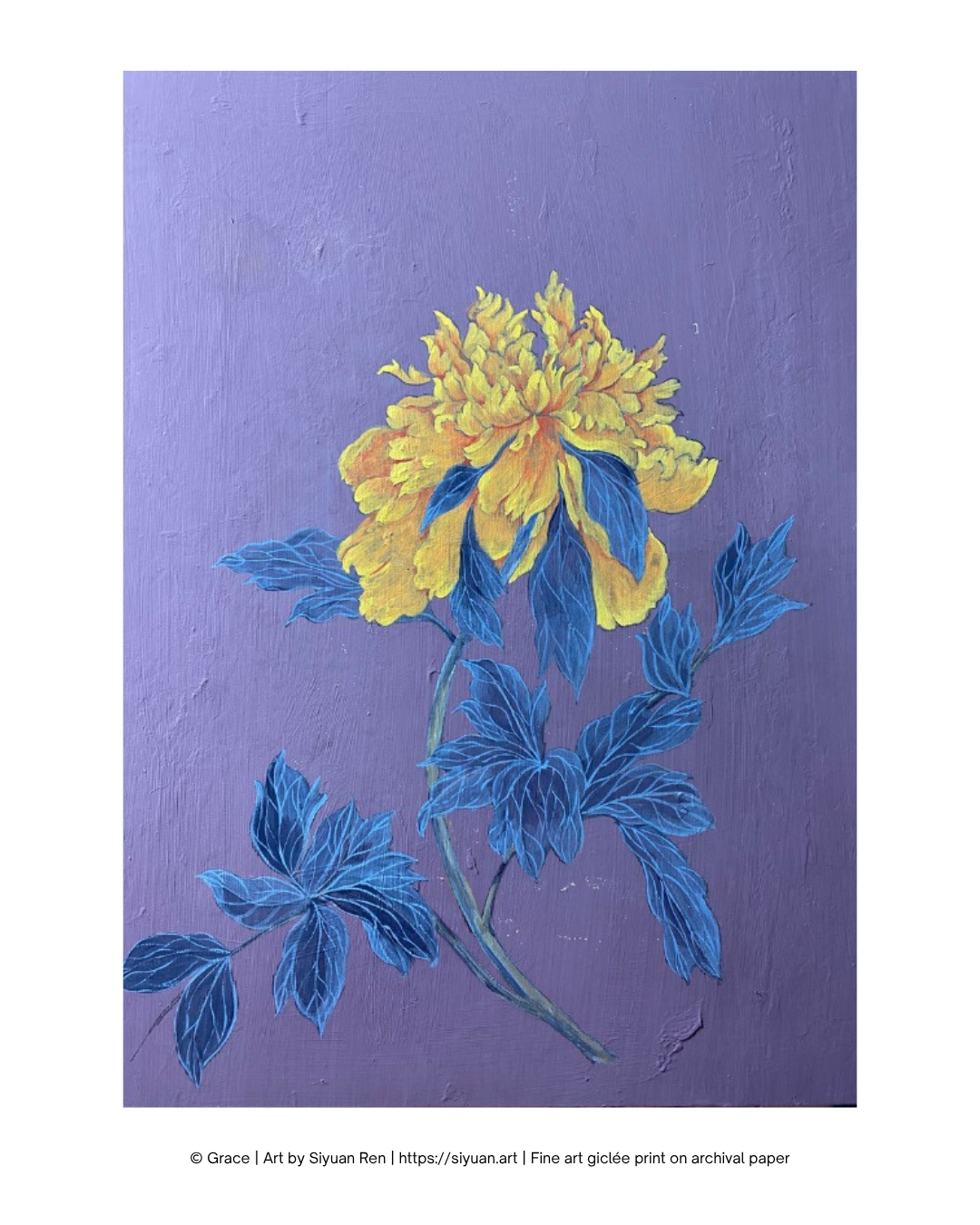 A textured art print featuring a painted yellow flower with blue leaves on a lavender-purple background, shown with a white border and small copyright text at the bottom.