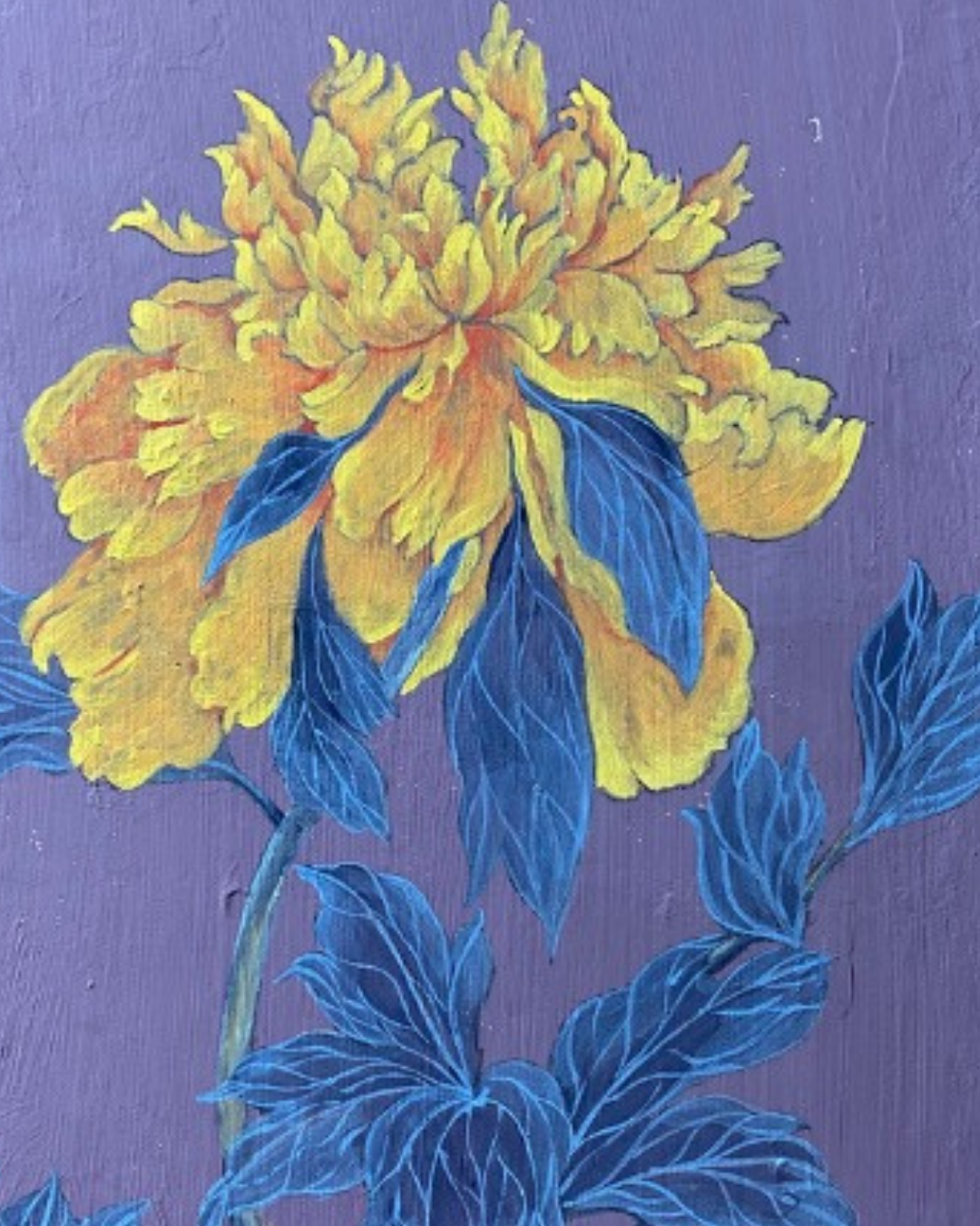 A painted floral artwork showing a large yellow flower with blue leaves on a purple background.