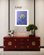 A framed art print featuring a yellow flower on a purple background, styled in a gallery-mat setting above a dark red console table with a bonsai tree and decorative figurine.