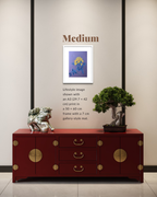 A framed art print displayed on a wall above a red wooden cabinet, with text indicating the print is medium size (29.7 x 42 cm) and shown in a lifestyle setting alongside a bonsai tree and a silver statue.