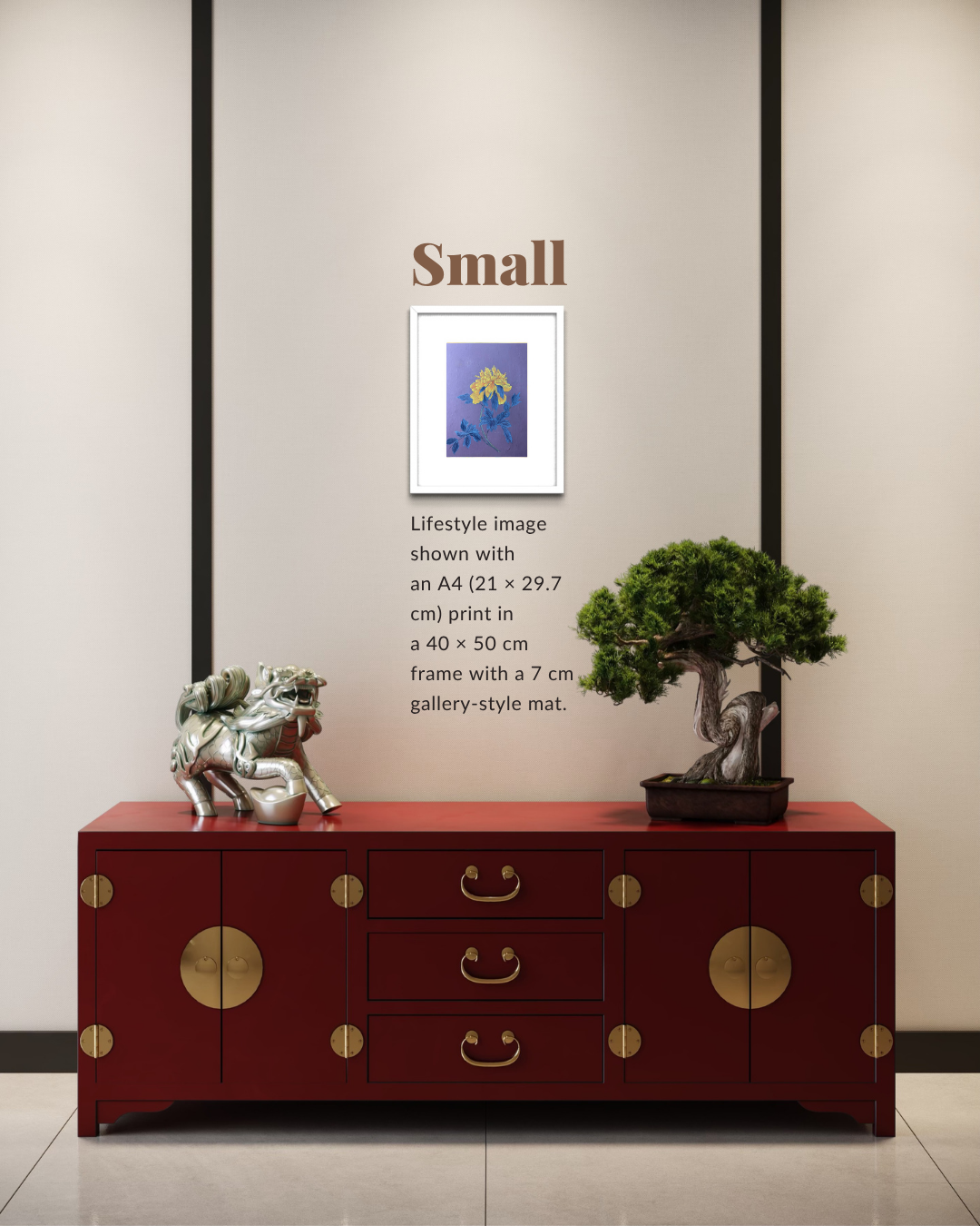 A framed art print displayed on a beige wall above a dark red cabinet, labeled 'Small' with dimensions and lifestyle context. The print features a blue and purple abstract landscape with yellow flowers.