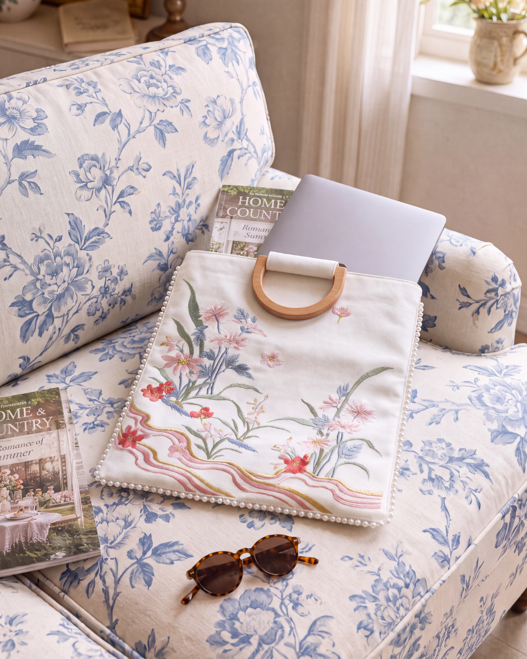 A cream fabric laptop sleeve with a floral print and a light wood handle rests on a blue and white floral armchair, holding a closed silver laptop. A magazine, sunglasses, and part of another book are also visible on the chair.