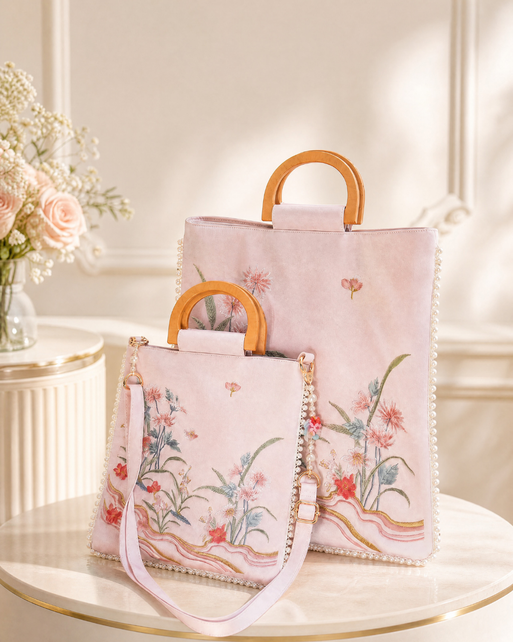 A light pink handbag set with floral embroidery, featuring a larger tote bag and a matching shoulder bag with light wood handles and pearl trim, displayed on a round table.