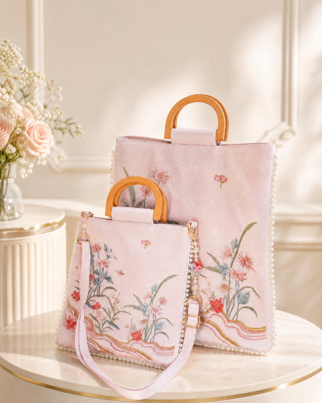 A light pink handbag set with floral embroidery, featuring a larger tote bag and a matching shoulder bag with light wood handles and pearl trim, displayed on a round table.