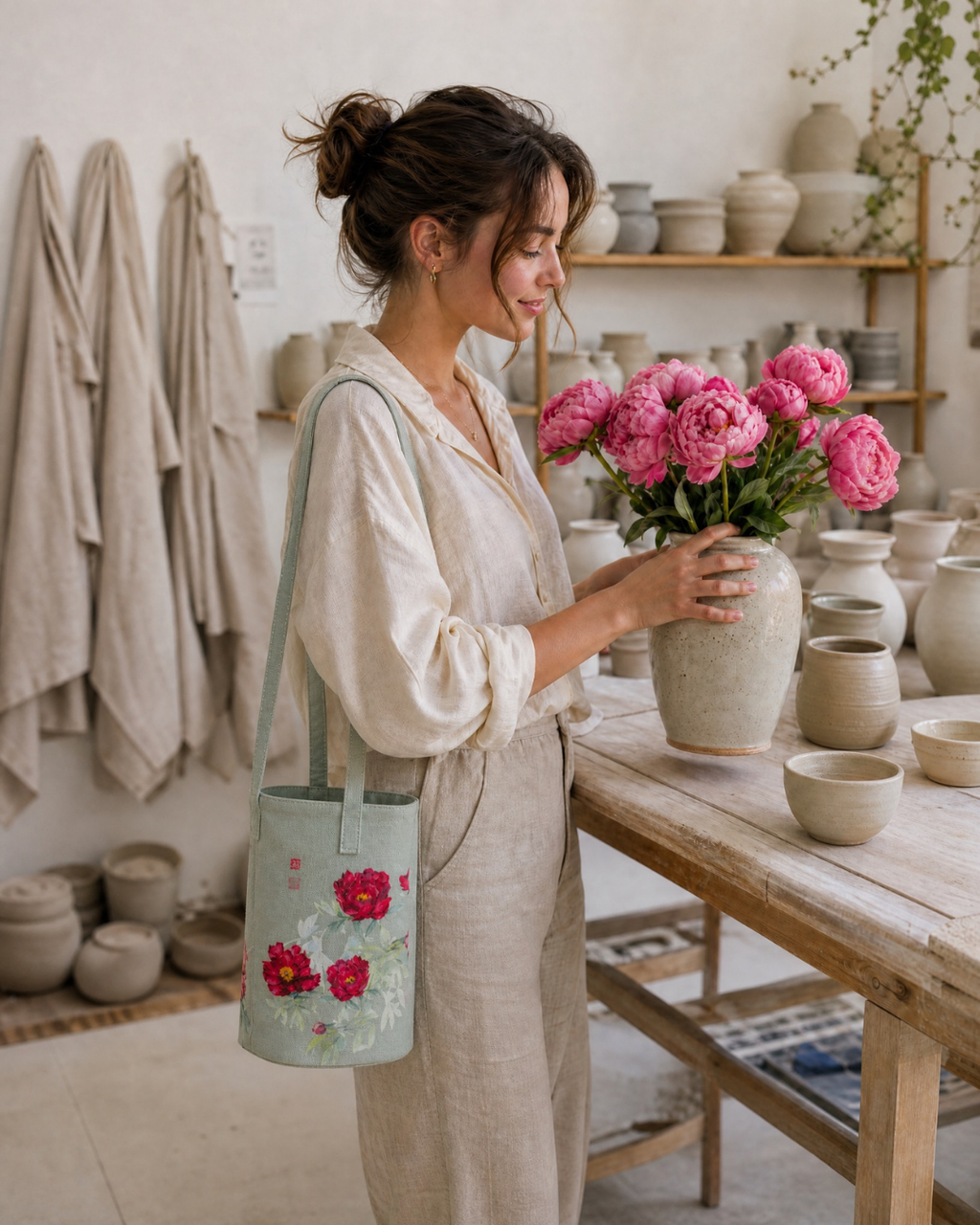 A woman in a linen outfit stands in a pottery studio holding a large beige vase filled with pink flowers, wearing a mint green shoulder bag with a red floral print.