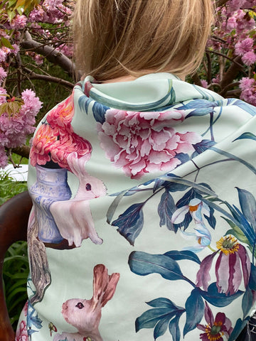 Triangle Silk Scarf - Bunnies and Peonies