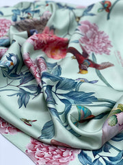 Triangle Silk Scarf - Bunnies and Peonies