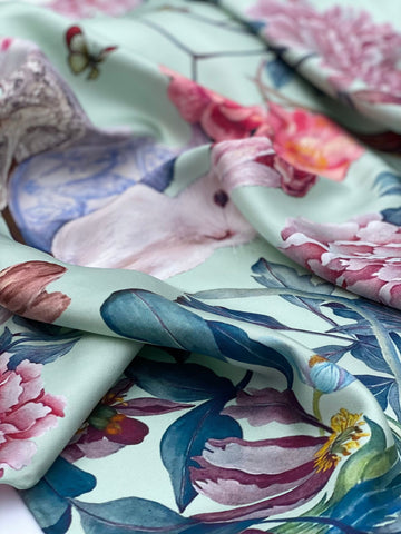 Triangle Silk Scarf - Bunnies and Peonies