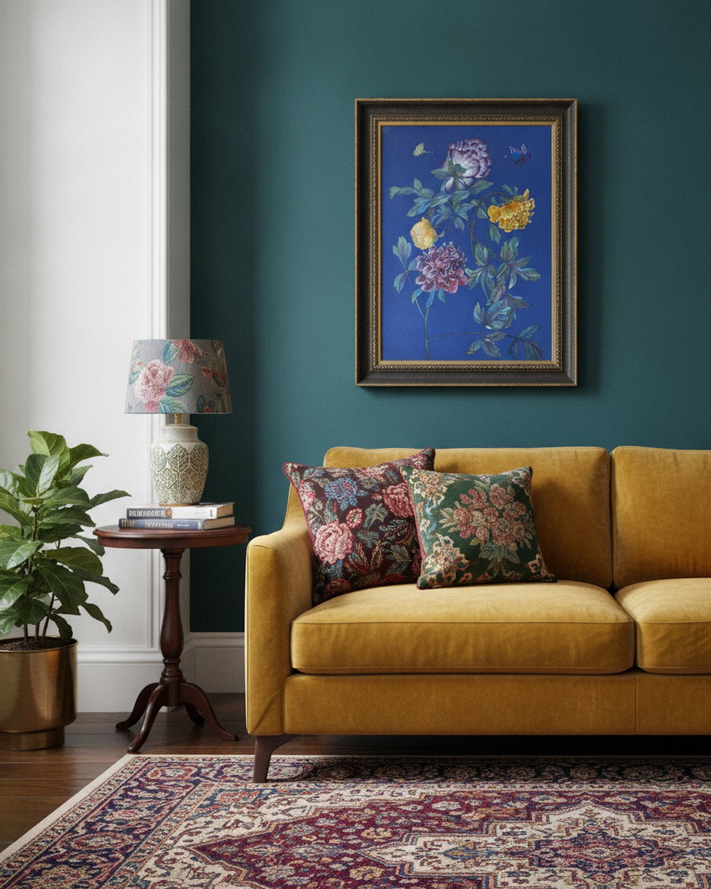 A framed floral art print hangs on a deep teal wall above a mustard yellow sofa with two patterned throw pillows. A wooden side table with a floral lamp and books sits to the left, next to a potted plant, and a patterned rug covers the floor.