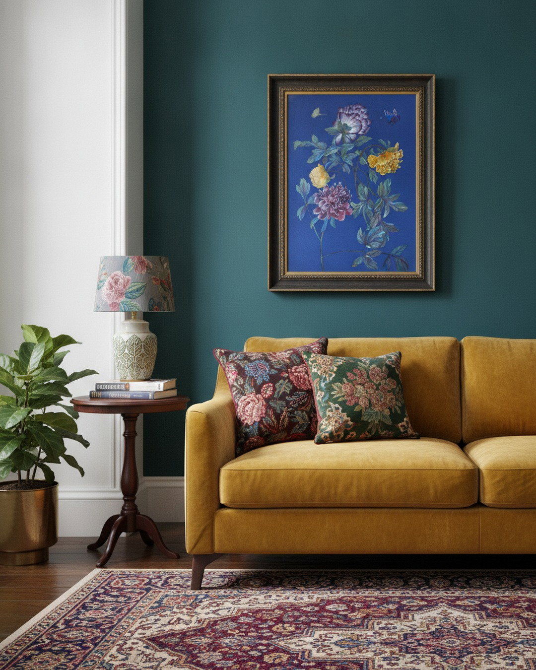 A framed floral art print hangs on a deep teal wall above a mustard yellow sofa with two patterned throw pillows. A wooden side table with a floral lamp and books sits to the left, next to a potted plant, and a patterned rug covers the floor.