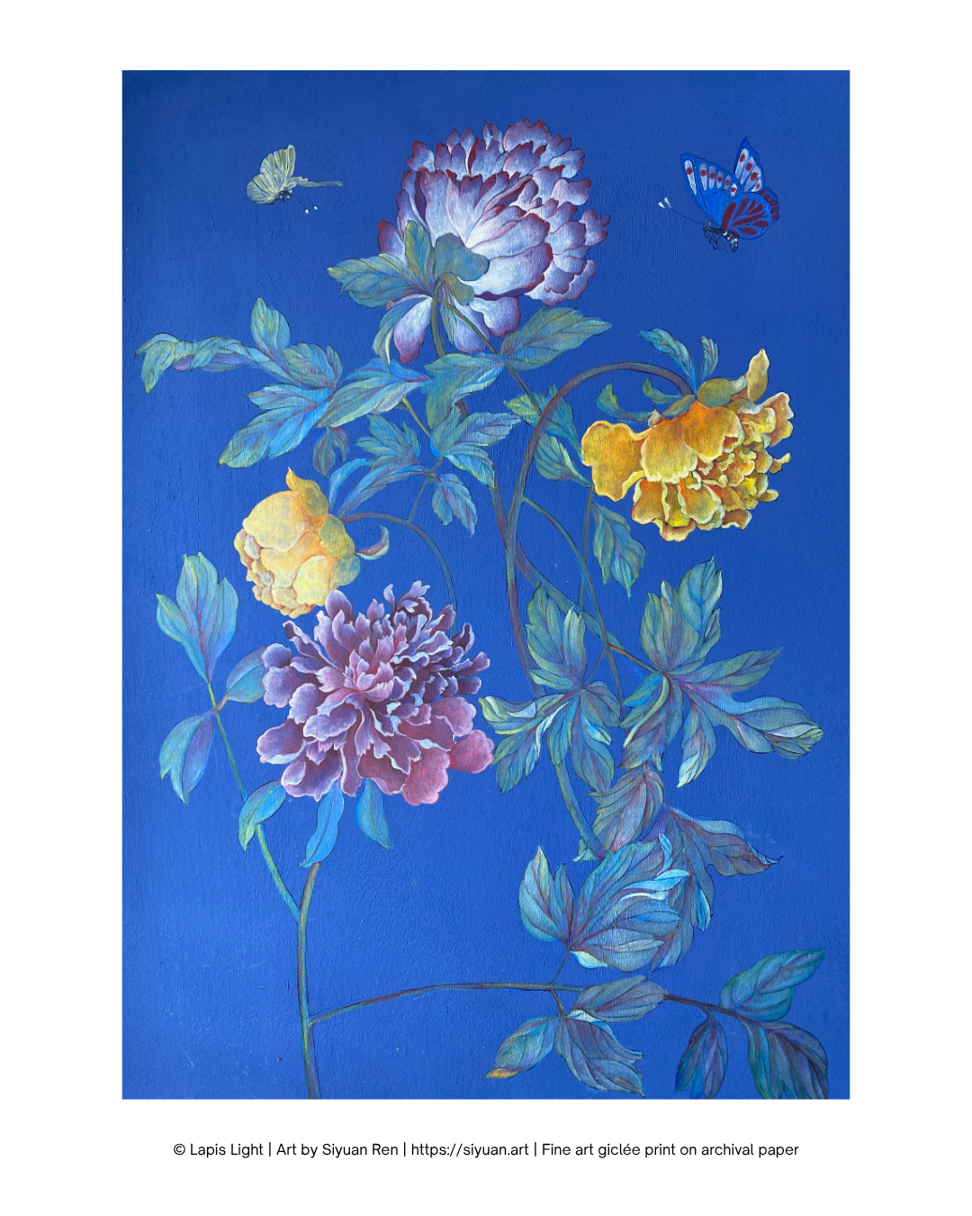A botanical art print featuring purple and yellow peony flowers with blue-green leaves on a vibrant blue background, with small butterflies in the corners. The print is presented with a white border and a line of copyright text at the bottom.
