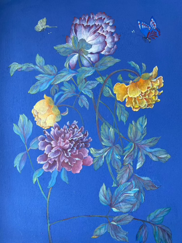 Pink and yellow peonies with butterflies on bright blue background