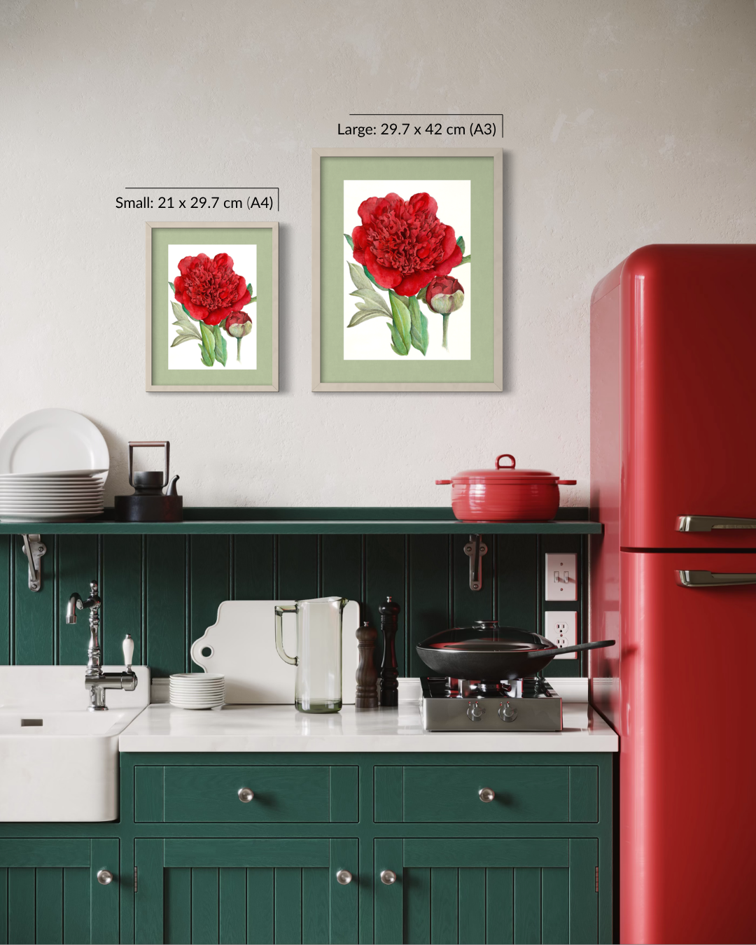 Two framed botanical prints of red peonies displayed on a kitchen wall above a green cabinet and white countertop, with size labels for small and large versions.