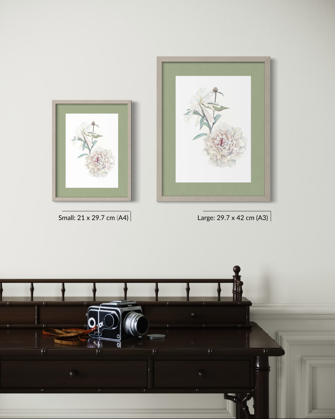 Two framed botanical art prints with dragonflies are displayed on a light gray wall above a dark wooden desk. The prints feature white and pink peonies with green leaves and stems, set in sage green mats and light wood frames.