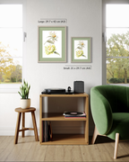 Two framed botanical art prints with white flowers and green leaves are displayed on a light gray wall in a styled room. One print is labeled as large (29.