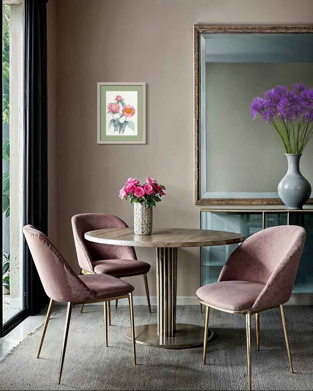 A dining room scene featuring a round wooden table with a fluted pedestal base, surrounded by three blush pink velvet chairs with gold legs. A large mirror on the wall reflects a vase of purple flowers, and a small floral painting hangs on the taupe wall.
