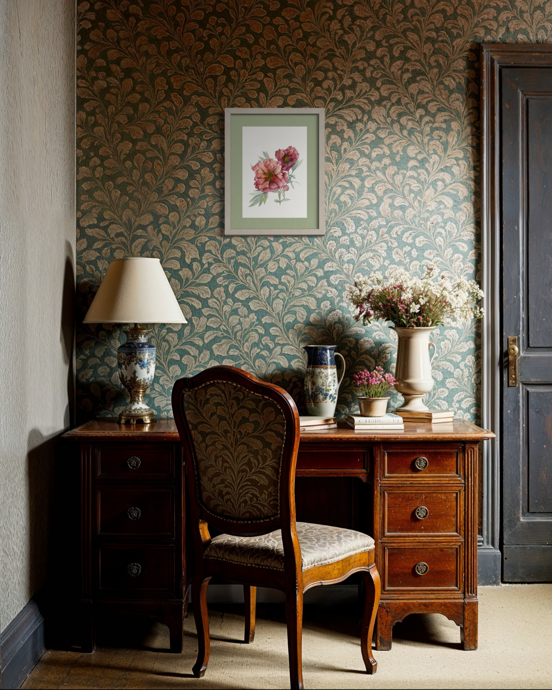 A styled interior corner featuring a dark wood writing desk with a matching upholstered chair, a table lamp, ceramic vessels, and a framed floral print on a patterned wallpapered wall.
