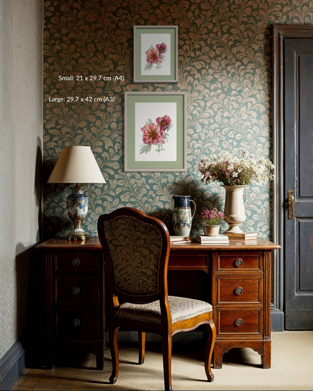 A styled interior scene showing a wooden writing desk with a matching upholstered chair, a table lamp, vases, and framed floral wall art against a patterned wallpaper background. White text on the left reads size information for the framed prints.