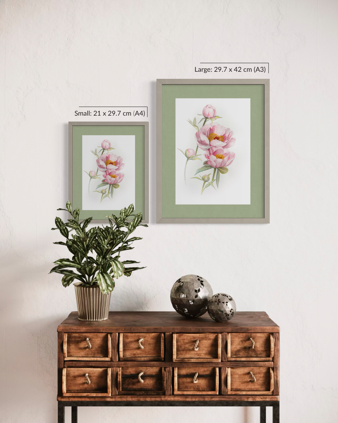 Two framed botanical art prints of pink flowers are displayed on a white wall above a wooden cabinet, with size labels 'Small: 21 x 29.7 cm (A4)' and 'Large: 29.