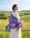 A woman standing in a grassy field wearing a cream-colored dress and a purple floral shawl draped over her shoulders, with rolling green hills under a blue sky in the background.