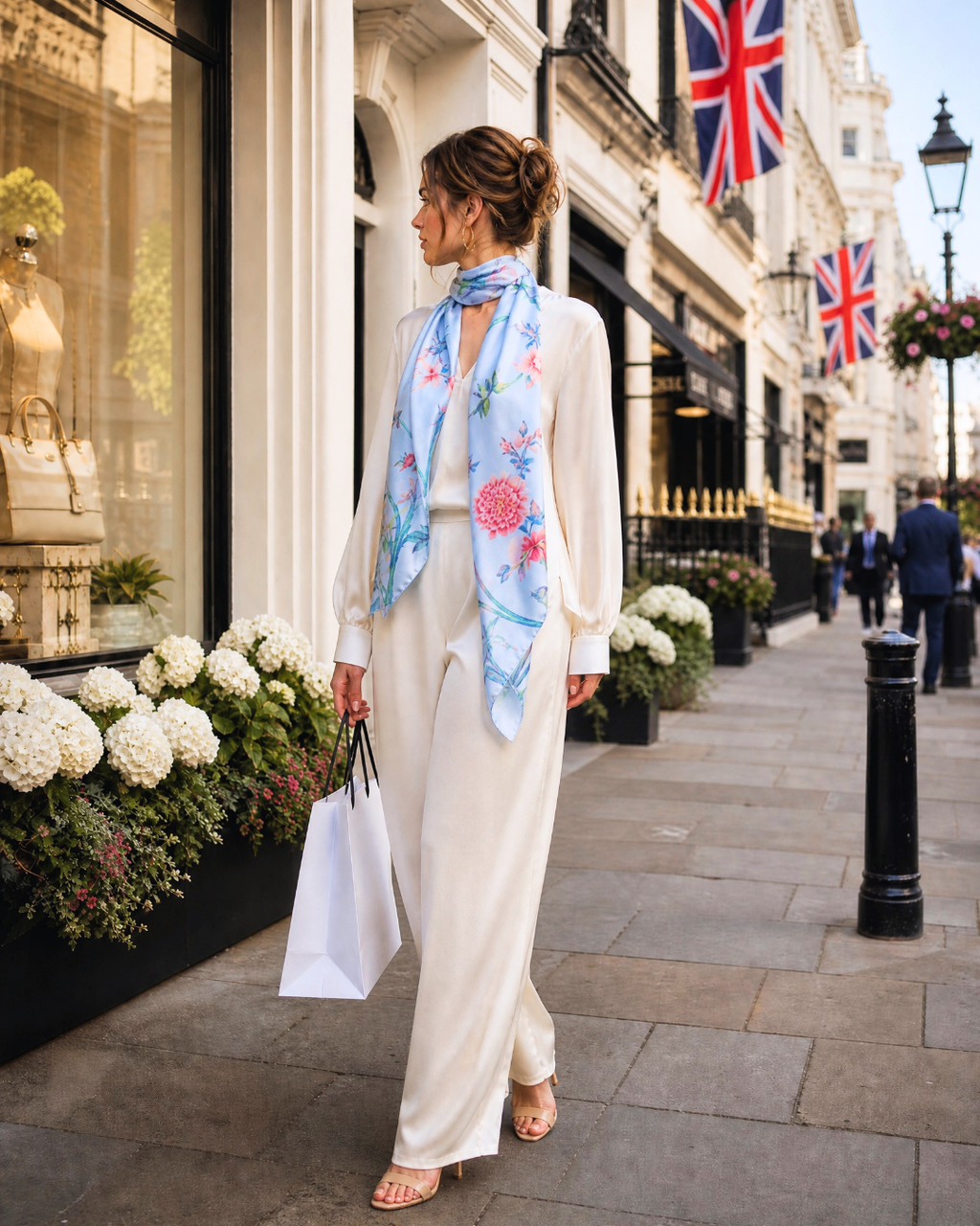 A woman walks down a city street wearing a cream satin two-piece set with a light blue floral silk scarf. She is holding a white shopping bag and wearing beige high-heeled sandals.