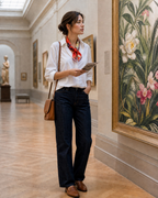 A woman stands in a museum gallery next to a large framed floral painting, wearing a white button-up shirt, dark blue jeans, brown leather loafers, and a red patterned neck scarf, with a tan shoulder bag.