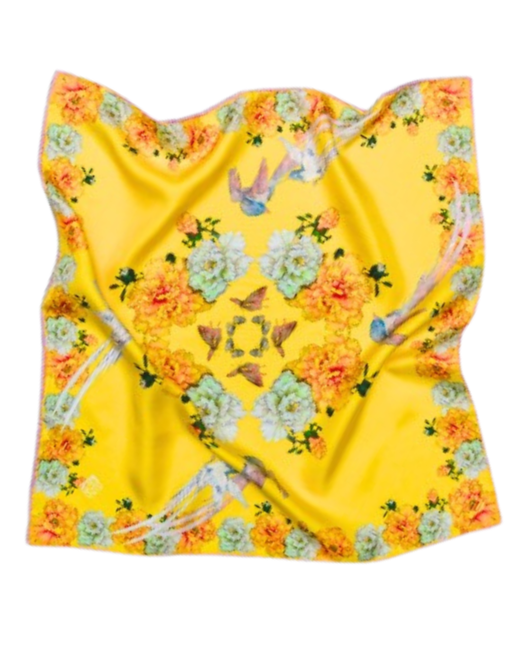 A square silk scarf with a vibrant yellow background, featuring a symmetrical floral and bird pattern in orange, green, and blue.