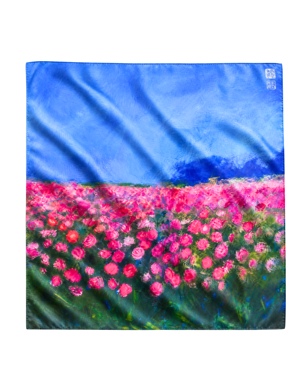A square silk scarf featuring an artistic, painterly print of a blue sky and a vibrant pink flower field under green foliage, displayed flat against a white background.