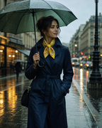 A woman standing on a rainy city street holding a dark green umbrella, wearing a navy blue trench coat and a yellow patterned silk scarf.