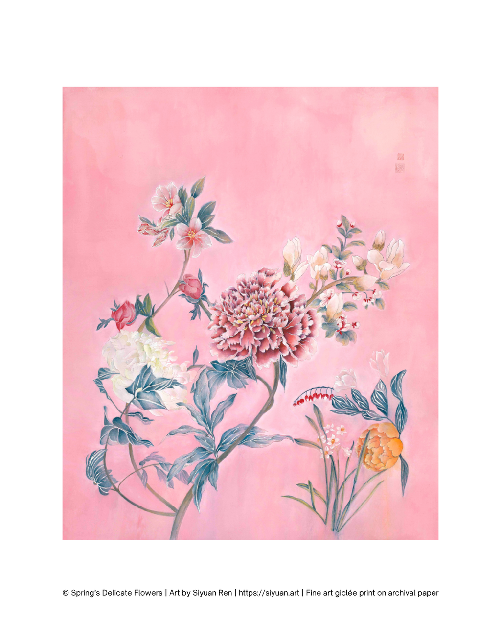 A fine art print of a traditional Chinese floral painting featuring pink, white, and yellow flowers with green leaves on a soft pink background, presented with a white border and copyright text at the bottom.