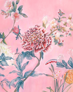 A floral artwork featuring a large pink peony, white blossoms, blue-green leaves, and a small red-and-black bird on a soft pink background.