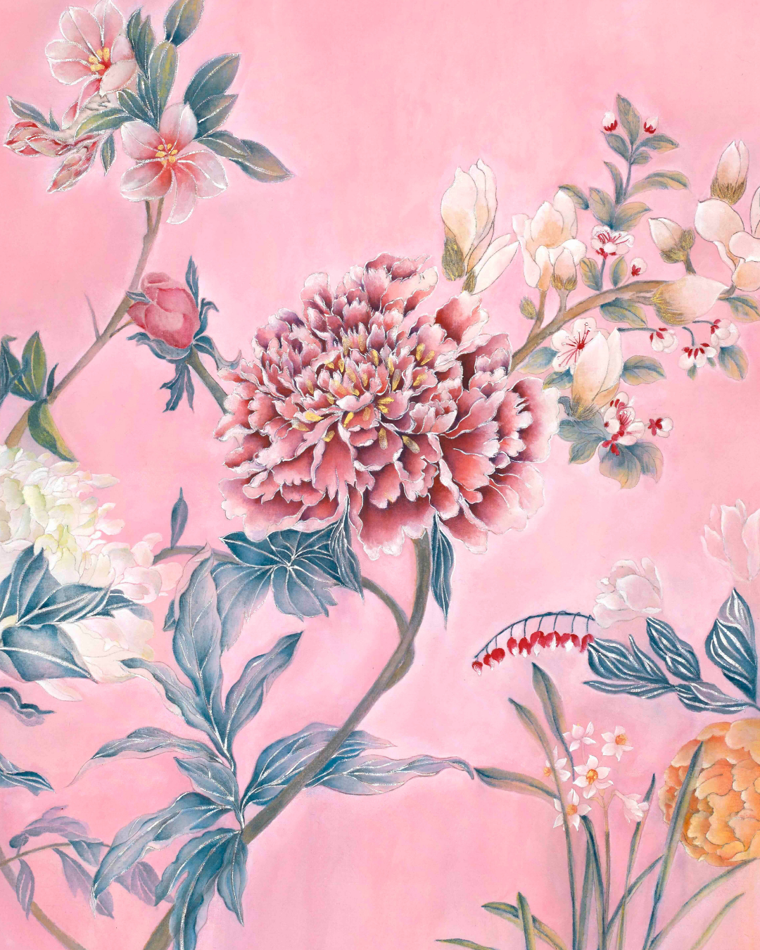 A floral artwork featuring a large pink peony, white blossoms, blue-green leaves, and a small red-and-black bird on a soft pink background.