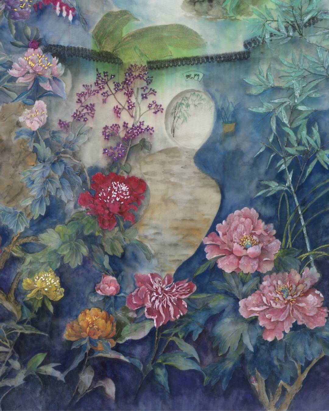 A detailed floral artwork featuring pink and red peonies, green foliage, and purple blossoms layered over a dark blue background with a pale stone-like form and a circular window-like element.