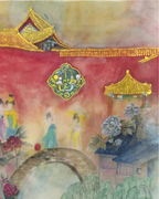 A watercolor-style painting of a traditional East Asian scene with a large red wall, golden roof tiles, figures in flowing robes, a stone bridge, and soft pastel landscape elements.