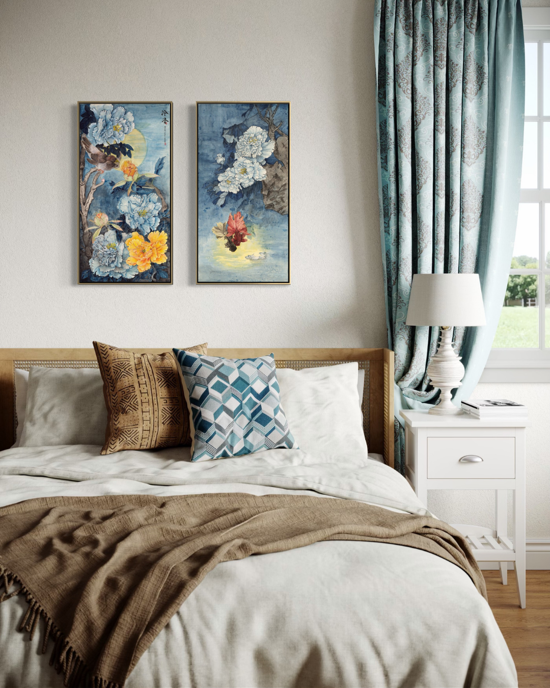 A styled bedroom scene featuring two vertical floral wall art prints hanging above a bed with neutral bedding, a wooden headboard, patterned pillows, a white nightstand, and a window with blue-green curtains.