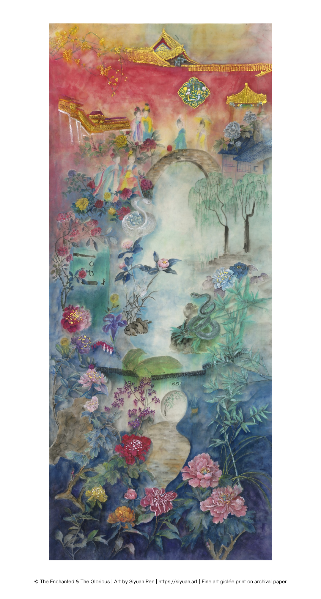 A vertical art print featuring a colorful, whimsical landscape illustration with water, trees, flowers, birds, and small figures, presented on a white background with a thin black border.
