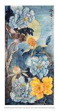 A traditional East Asian style art print depicting large blue and yellow peony flowers on branches with a bird perched on one branch, set against a textured blue background with a pale yellow moon. The print includes Chinese calligraphy in the upper right.