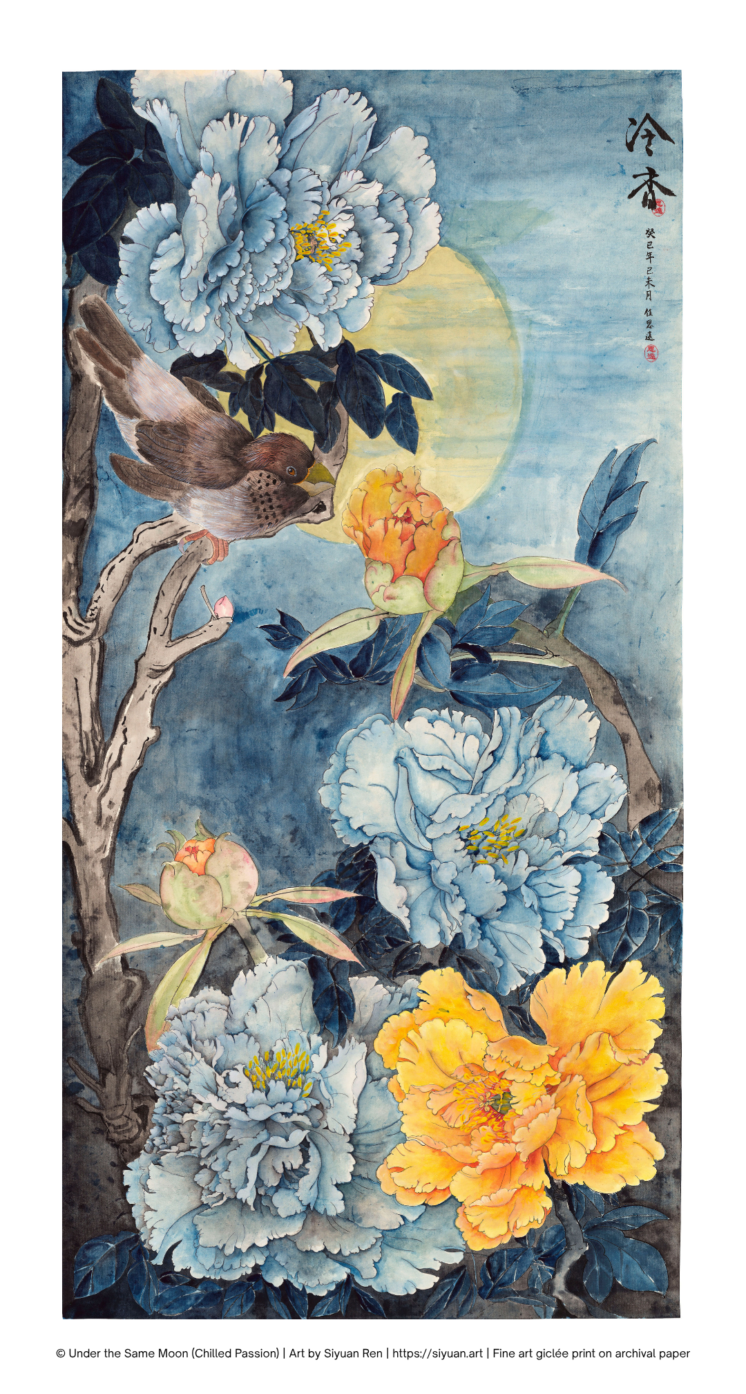 A traditional East Asian style art print depicting large blue and yellow peony flowers on branches with a bird perched on one branch, set against a textured blue background with a pale yellow moon. The print includes Chinese calligraphy in the upper right.