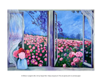 A square art print depicting a vibrant flower field with pink and red blossoms seen through open white window frames, with a blue vase of flowers in the foreground. The print is presented on a white background with a copyright notice at the bottom.